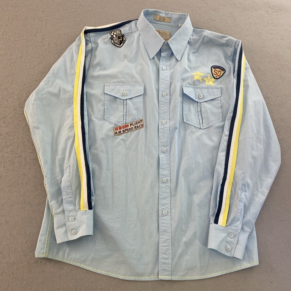 Giorginni Shirt Men's Size XXL Blue 69SM Flight Air Speed Race Patch Button Up